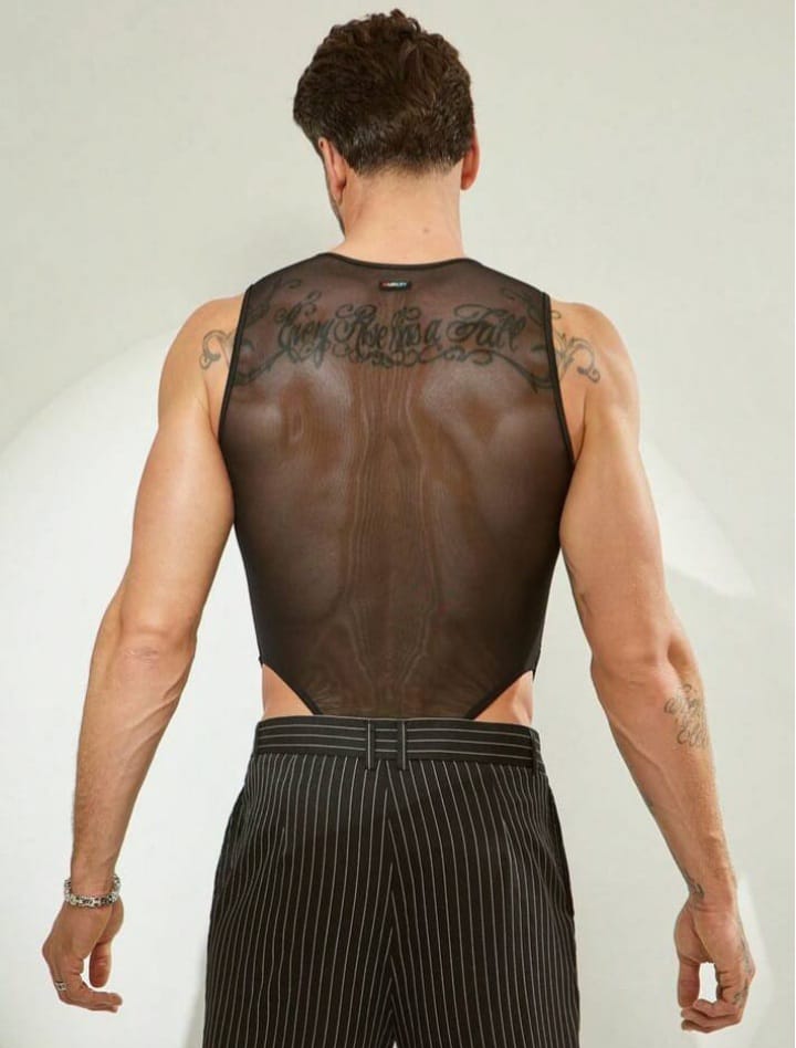 Men's Mesh Sheer Round Neck Sleeveless Bodysuit
